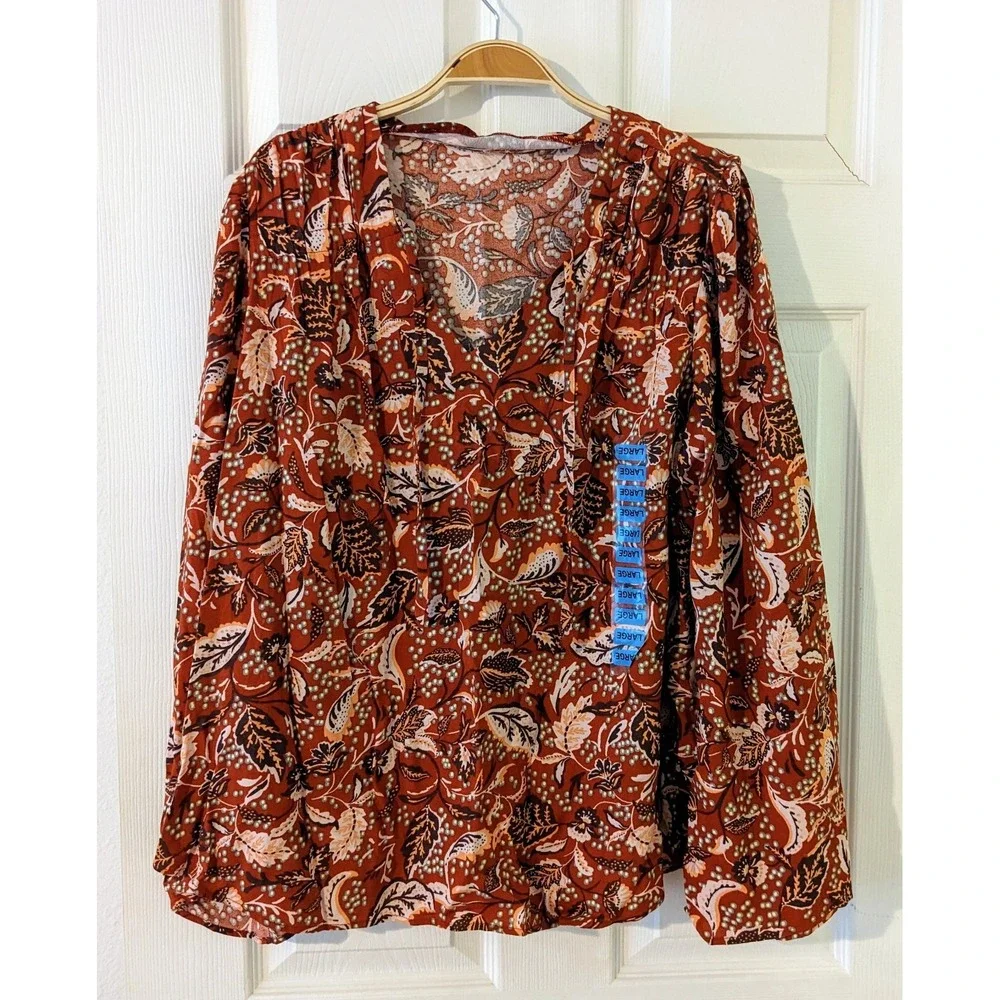 essica Simpson Ladies Woven Top Boho Flowy Size Large Mother Nature Floral‎ L/S